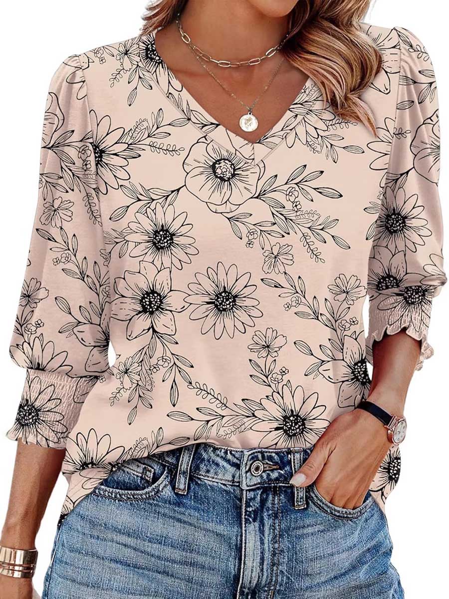 Long Sleeves Loose Contrast Color Pleated Printed Split-Joint V-Neck T-Shirts Tops