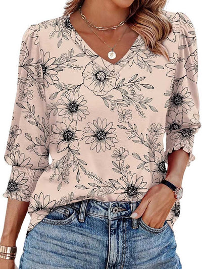 Long Sleeves Loose Contrast Color Pleated Printed Split-Joint V-Neck T-Shirts Tops