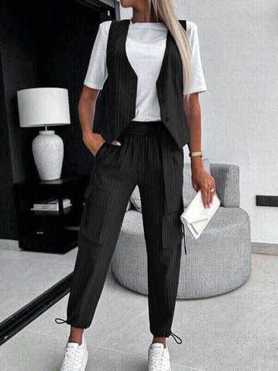 Loose Buttoned Striped V-Neck Vest Top + Drawstring Pockets Ninth Pants Pleated Pants Bottom Two Pieces Set
