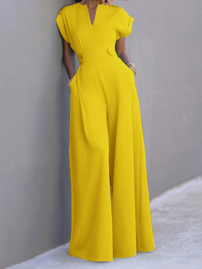 Cap Sleeve Wide Leg Solid Color Jumpsuits
