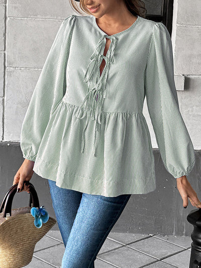 Long Sleeves Loose Elasticity Pleated Striped Tied Round-Neck Blouses&Shirts Tops
