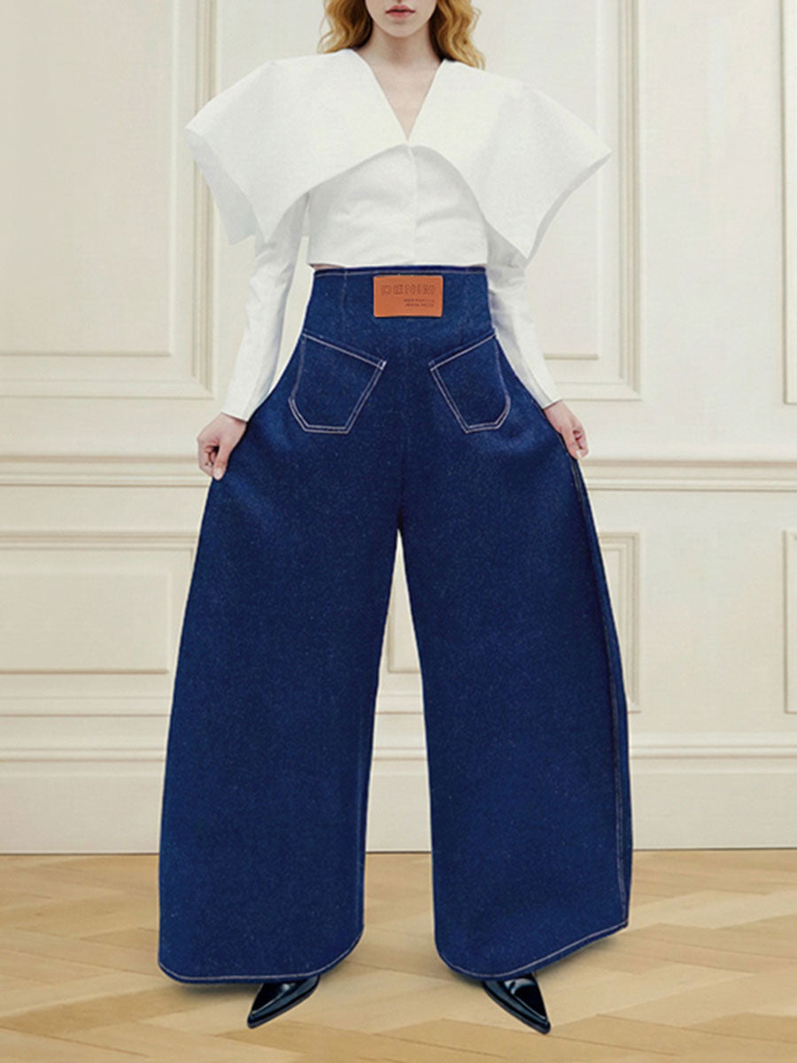 High Waisted Loose Elasticity Pockets Solid Color Zipper Jean Pants Bottoms
