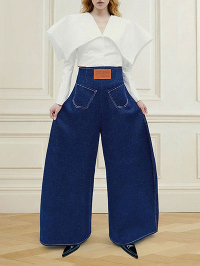 High Waisted Loose Elasticity Pockets Solid Color Zipper Jean Pants Bottoms