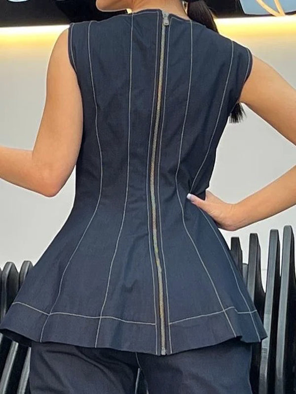 A-Line Loose Split-Joint Zipper Round-Neck Vest Top