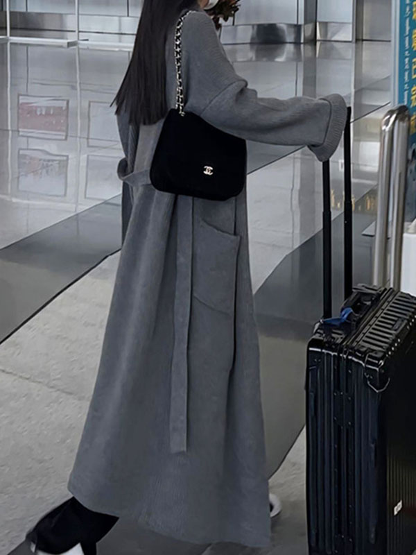 Long Sleeves Loose Pockets Solid Color Tied Waist Notched Collar Cardigan Coats