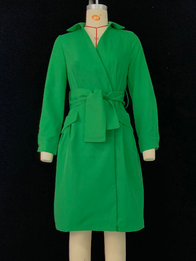 Long Sleeves Solid Color Tied Waist Deep V-Neck Mini Dresses