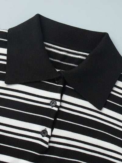 Long Sleeves Split-Joint Striped Lapel Sweater Tops