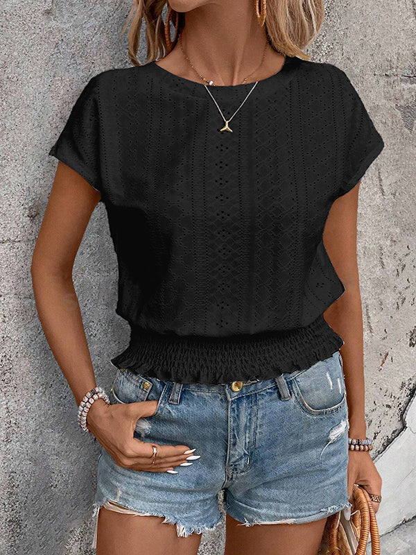 Loose Raglan Sleeve Elasticity Hollow Jacquard Solid Color Round-Neck T-Shirts Tops
