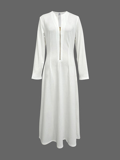 Long Sleeves Solid Color Zipper Round-Neck Maxi Dresses