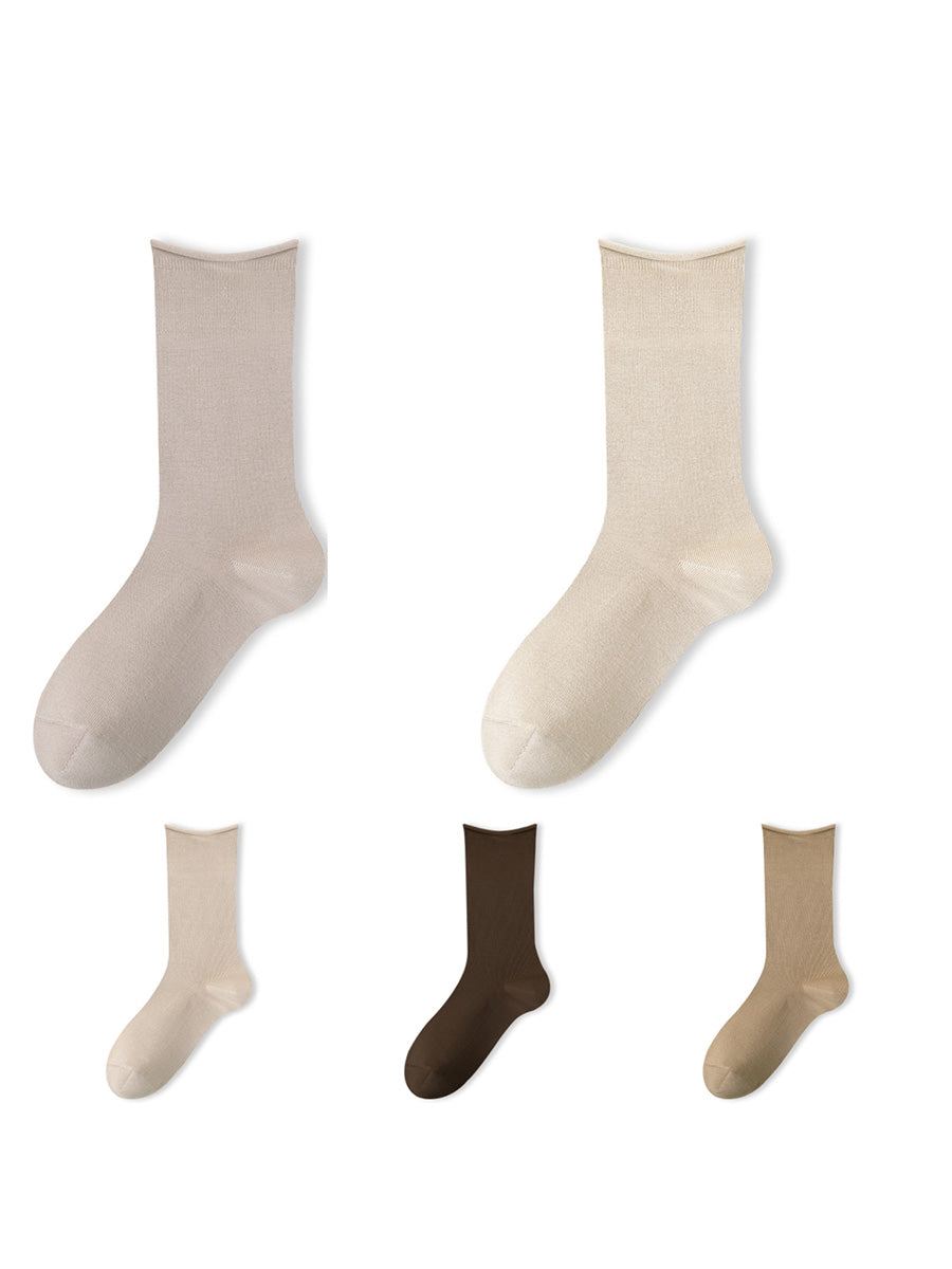 5 Pairs Women Casual Solid Cotton Mid-leg Socks