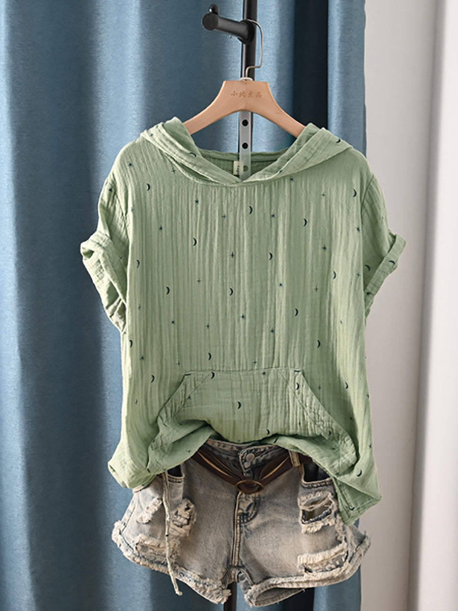 Plus Size Women Summer Casual Print Hooded 100%Cotton Shirt