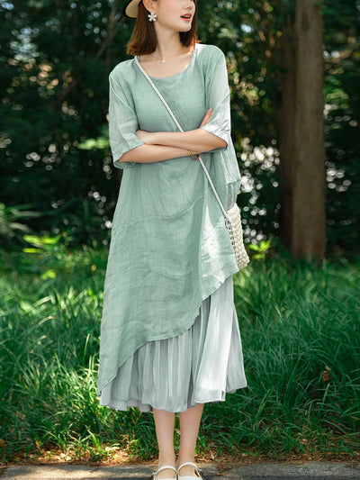 Plus Size Women Summer Pure Color Spliced O-Neck 100%Ramie Dress