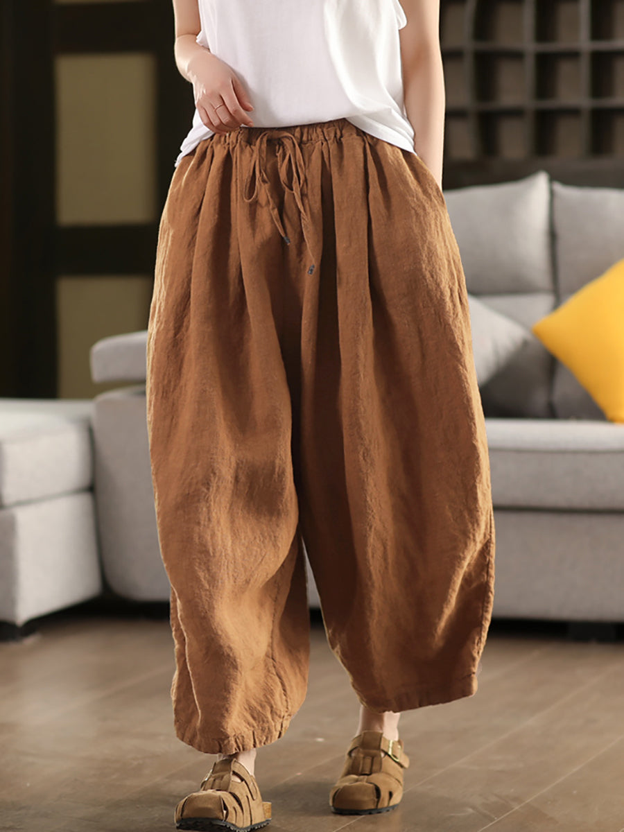 Plus Size Women Summer Casual Pure Color 100%Linen Wide-leg Pants