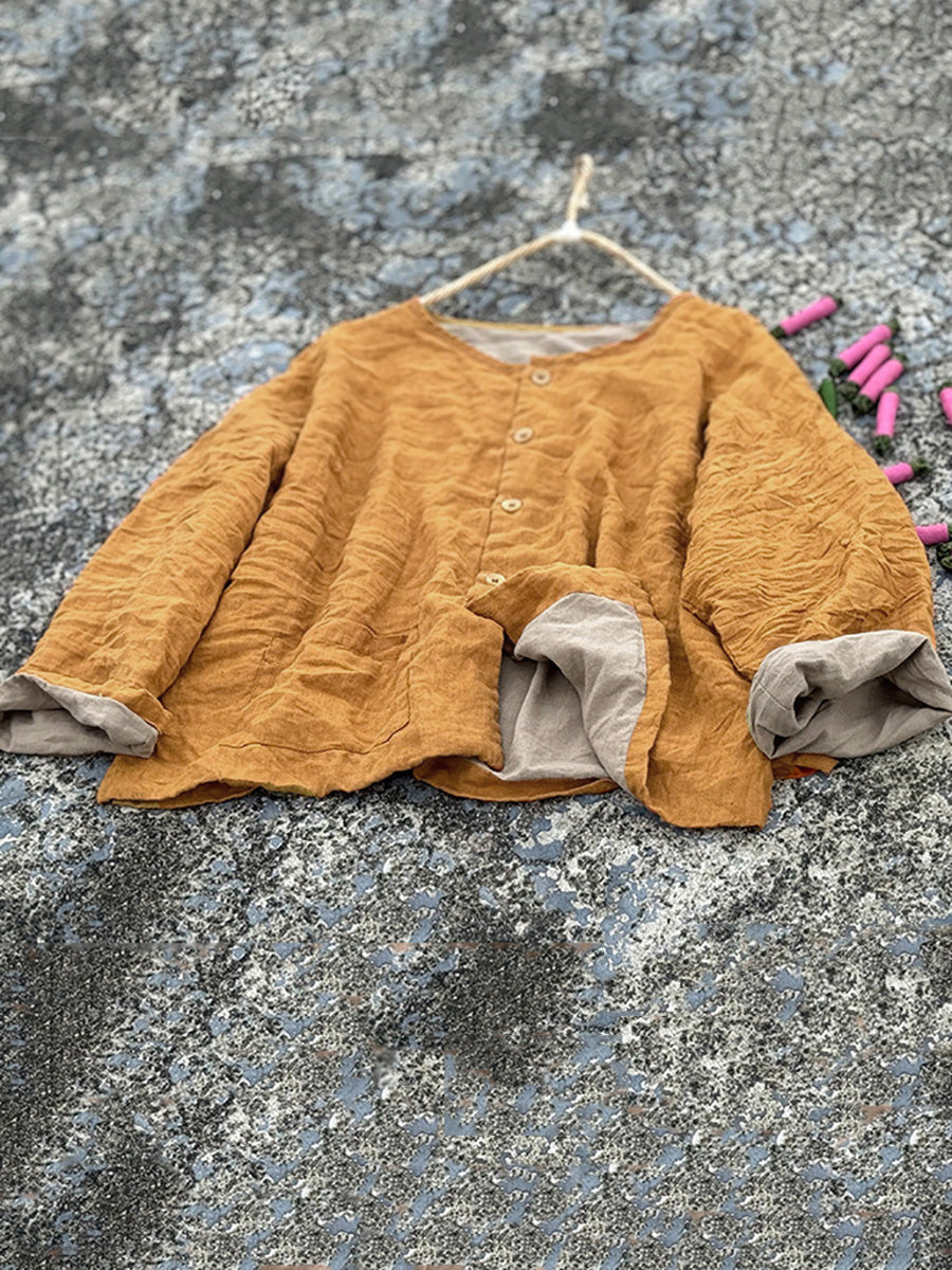 Plus Size Women Vintage Autumn Pure Color O-Neck Shirt Coat