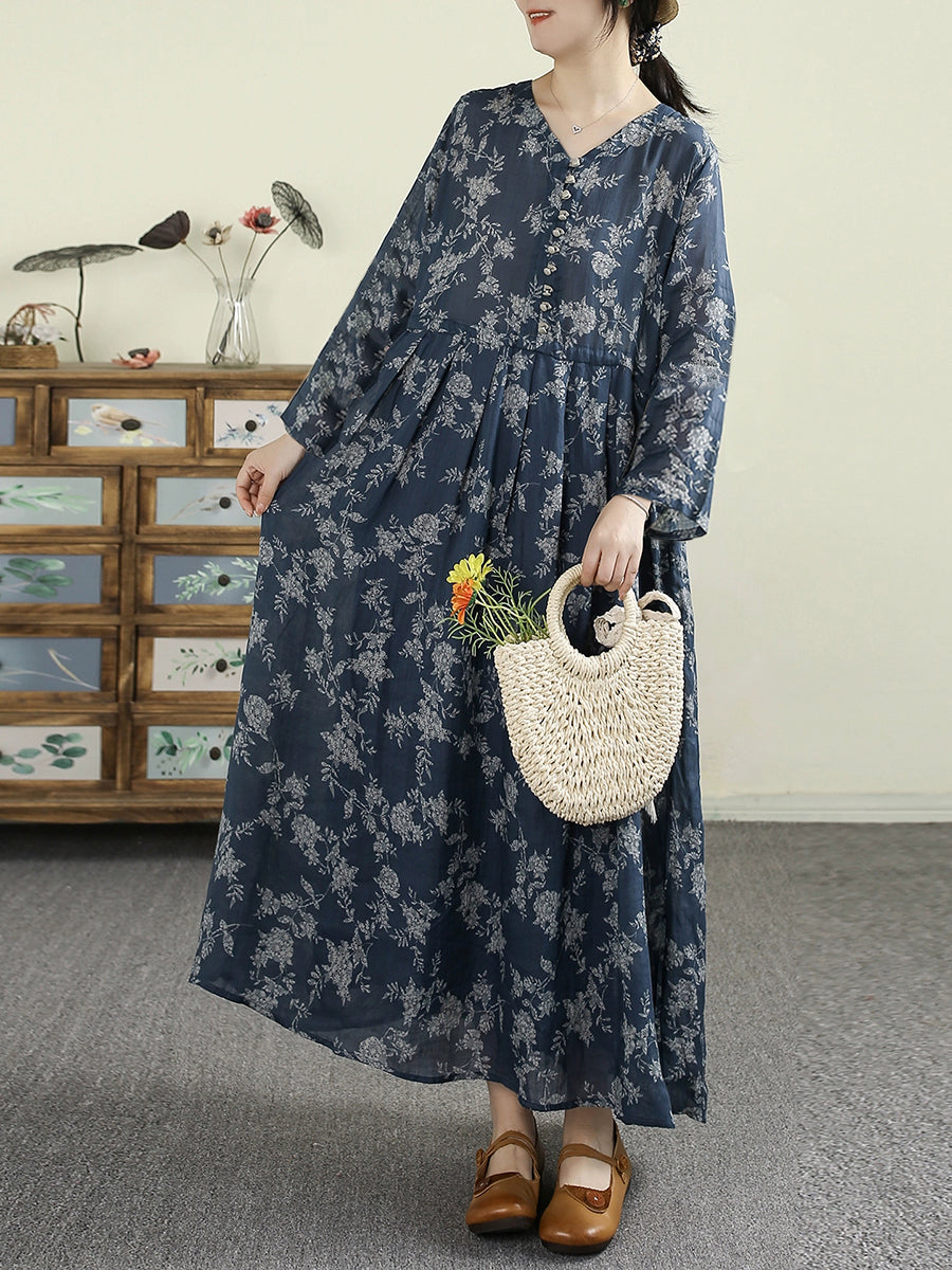 Plus Size Women Summer Vintage Flower V-Neck 100%Ramie Dress