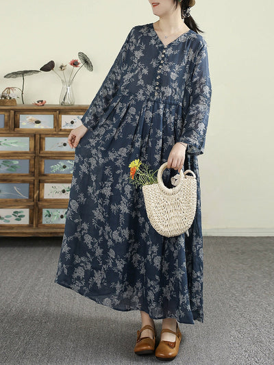 Plus Size Women Summer Vintage Flower V-Neck 100%Ramie Dress