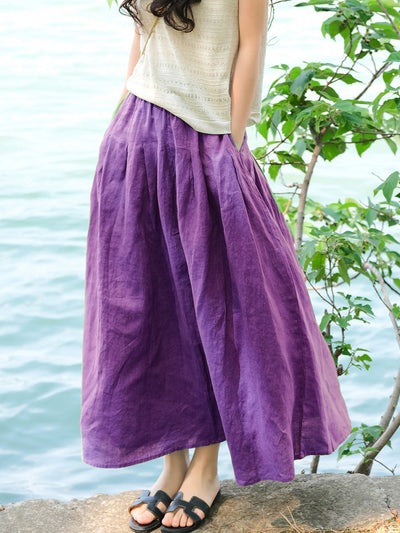 Plus Size Women Summer Casual Pure Color 100%Linen Skirt
