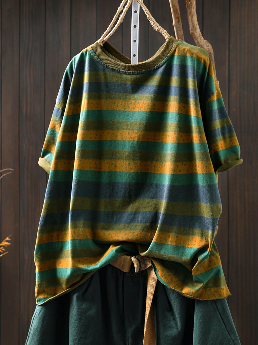 Plus Size Women Summer Retro Colorblock Stripe O-Neck Cotton Shirt