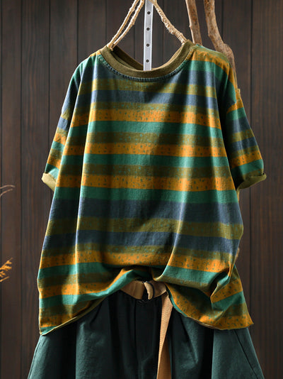 Plus Size Women Summer Retro Colorblock Stripe O-Neck Cotton Shirt