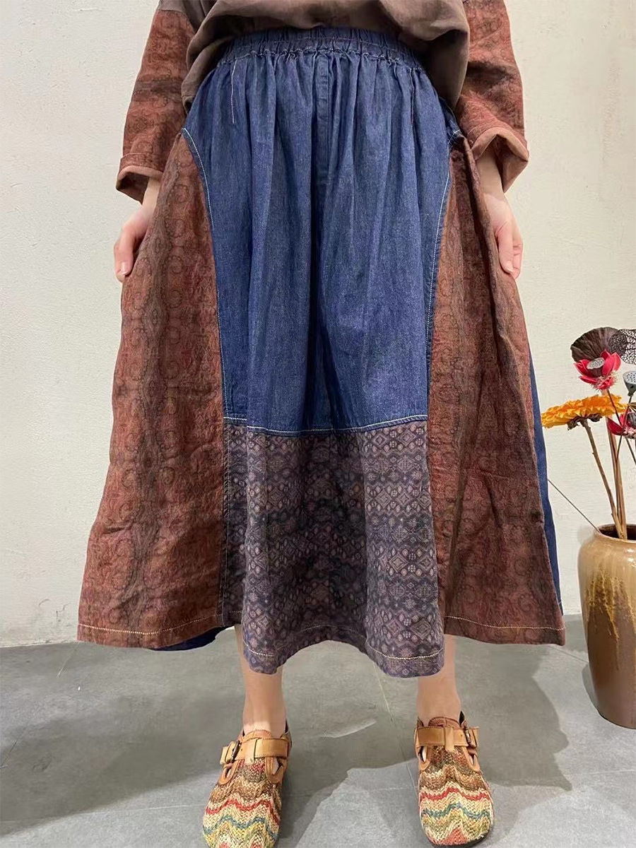 Women Summer Ethnic Patch Spliced A-Shape Skirt