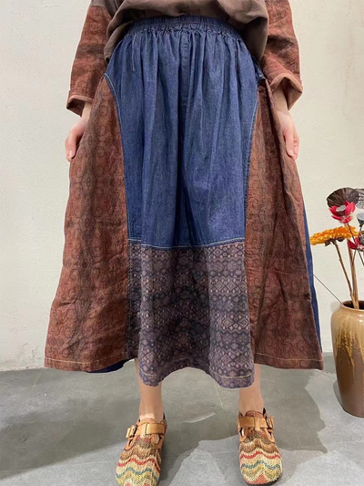 Women Summer Ethnic Patch Spliced A-Shape Skirt