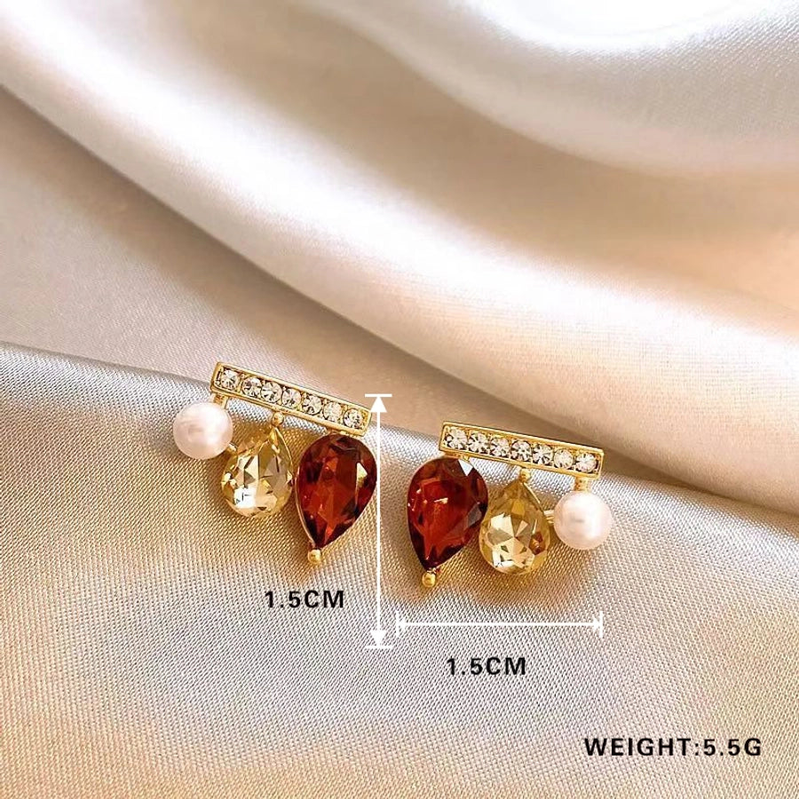 1 Pair Elegant Water Droplets Copper Artificial Gemstones Ear Studs