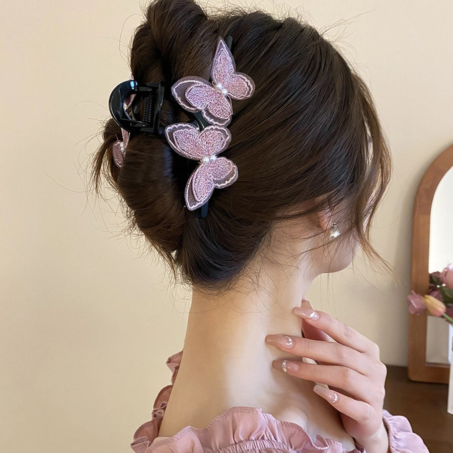 Women's Sweet Simple Style Butterfly Arylic Inlay Imitation Pearl Cloth Hair Clip
