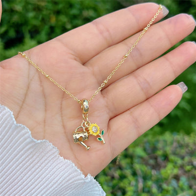 Copper 18K Gold Plated Inlay Sunflower Heart Shape Airplane Zircon Pendant Necklace