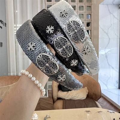 High-Grade French Headband  Internet Celebrity  Fengshui Diamond Letter H Hairpin Special-Interest Design Sequ Headband Hair Accessories