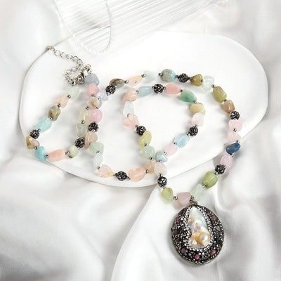 Vintage Style Vacation Geometric natural stone Beaded Chain Pendant Necklace In Bulk