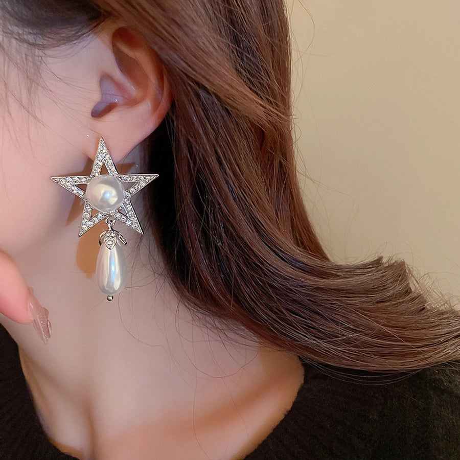 1 Pair Casual Simple Style Streetwear Star Water Droplets Inlay Copper Artificial Pearls Zircon Drop Earrings