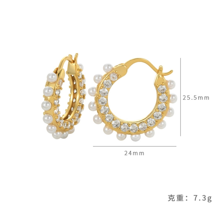 1 Pair Elegant Classical Sweet Circle Inlay Copper Freshwater Pearl Zircon 18K Gold Plated Earrings