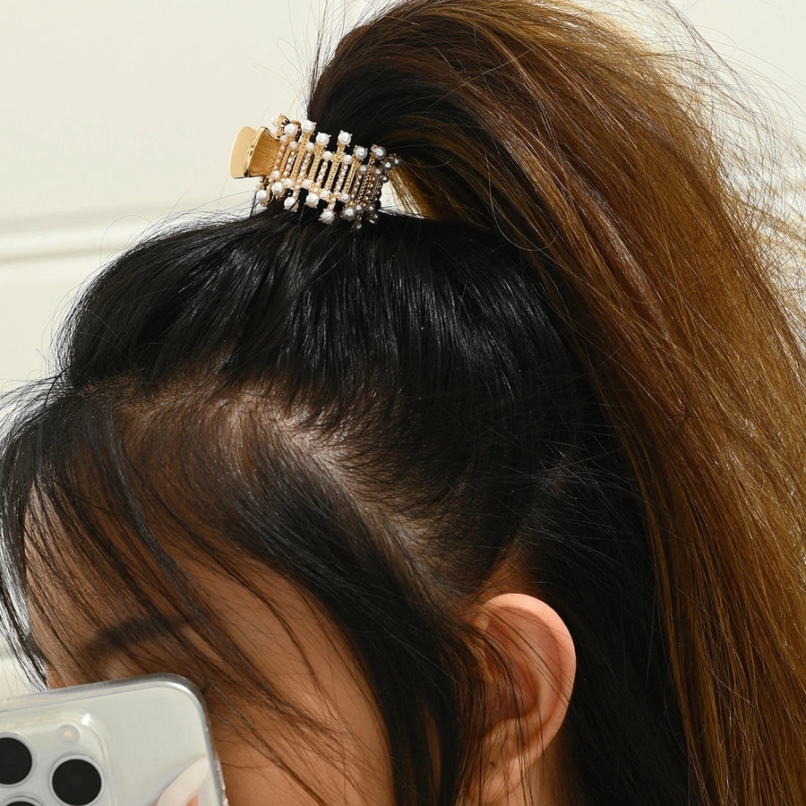 Pearl Diamond-Embedded High Ponytail Grip Anti-Collapse Fixed Gadget Ponytail Clip Barrettes Female Summer Bun Claw Clip Hairpin