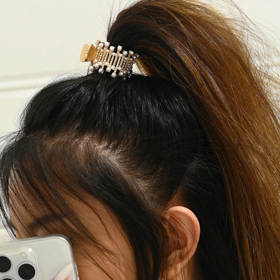 Pearl Diamond-Embedded High Ponytail Grip Anti-Collapse Fixed Gadget Ponytail Clip Barrettes Female Summer Bun Claw Clip Hairpin