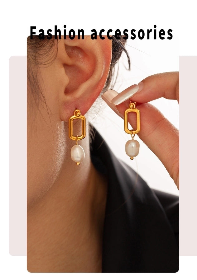 1 Pair Elegant French Style Quadrilateral Oval Plating 304 Stainless Steel Freshwater Pearl 18K Gold Plated Drop Earrings