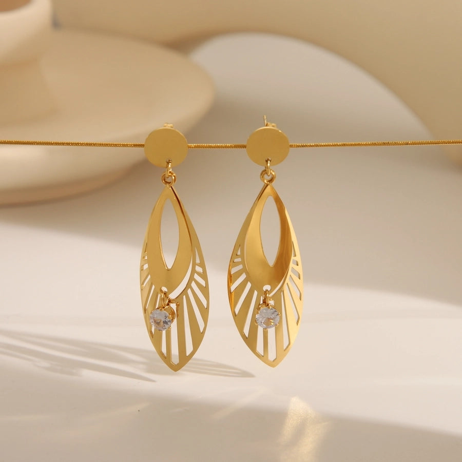 Jewelry Retro French Style Romantic Leaf Wings 304 Stainless Steel Zircon 18K Gold Plated Hollow Out Inlay Earrings Necklace