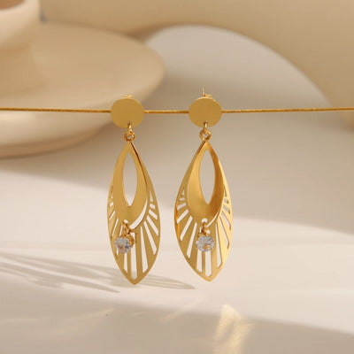 Jewelry Retro French Style Romantic Leaf Wings 304 Stainless Steel Zircon 18K Gold Plated Hollow Out Inlay Earrings Necklace