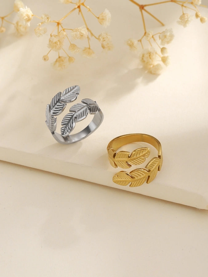 Jewelry Elegant Leaves Feather 304 Stainless Steel Open Rings