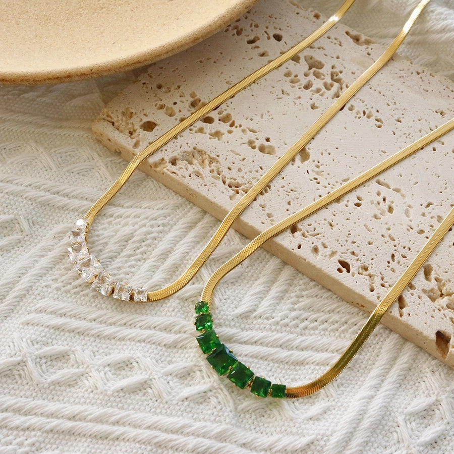 Jewelry Elegant Shiny Square 304 Stainless Steel Zircon Gold Plated Inlay Necklace