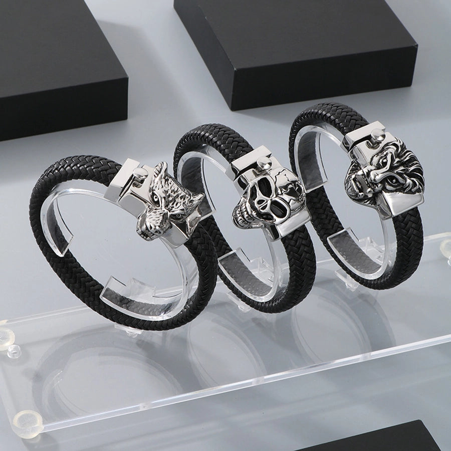 Business Lion's head Wolf Head Skull 304 Stainless Steel Leather 18K Gold Plated Men's Bracelets