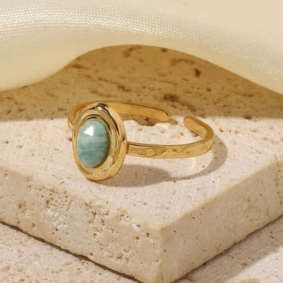 Wholesale Jewelry Retro French Style Oval Titanium Steel Natural Stone Turquoise Agate 14K Gold Plated Plating Inlay Open Rings