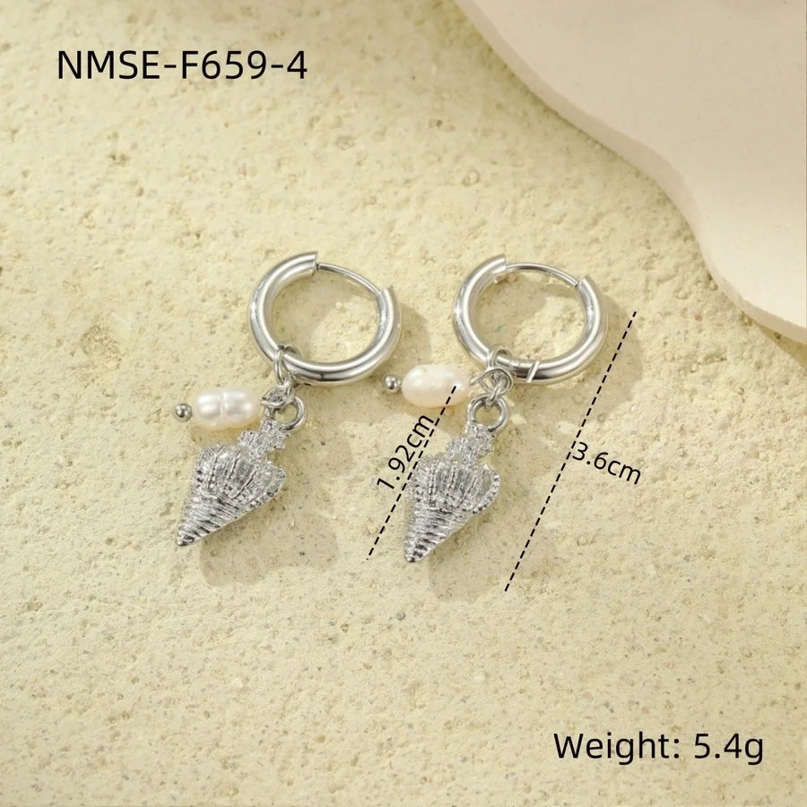 1 Pair Retro Beach Conch Pearl Plating 304 Stainless Steel 18K Gold Plated Drop Earrings