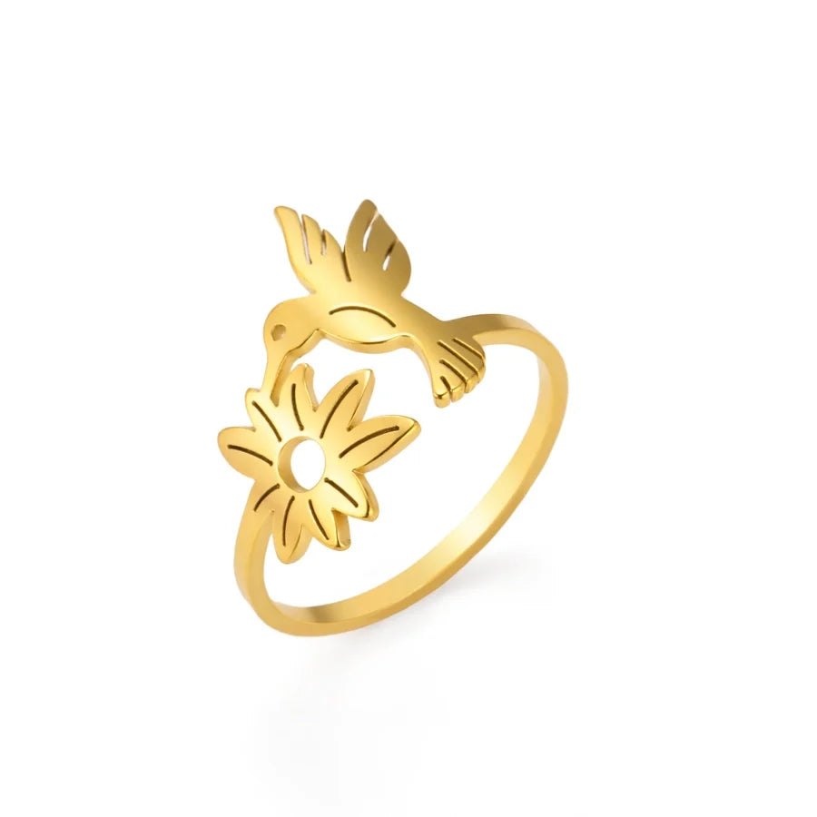 Jewelry Cute Flower Bird 304 Stainless Steel 18K Gold Plated Hollow Out Rings