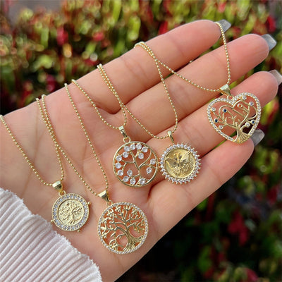 Copper 18K Gold Plated Inlay Round Heart Shape Life Tree Zircon Pendant Necklace