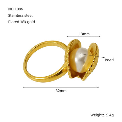 Jewelry IG Style Shell 304 Stainless Steel Artificial Pearls 18K Gold Plated Inlay Rings Earrings Necklace