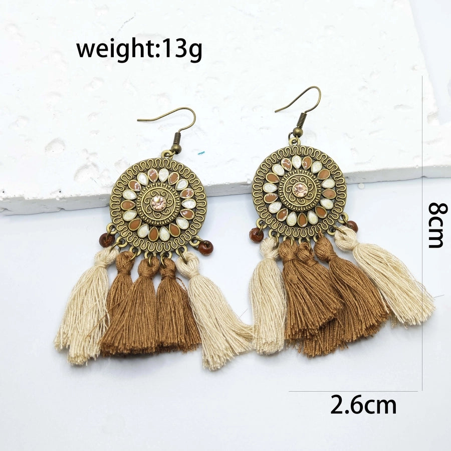 1 Pair Retro Tropical Geometric Round Leaves Tassel Plating Braid 304 Stainless Steel Feather 18K Gold Plated Drop Earrings