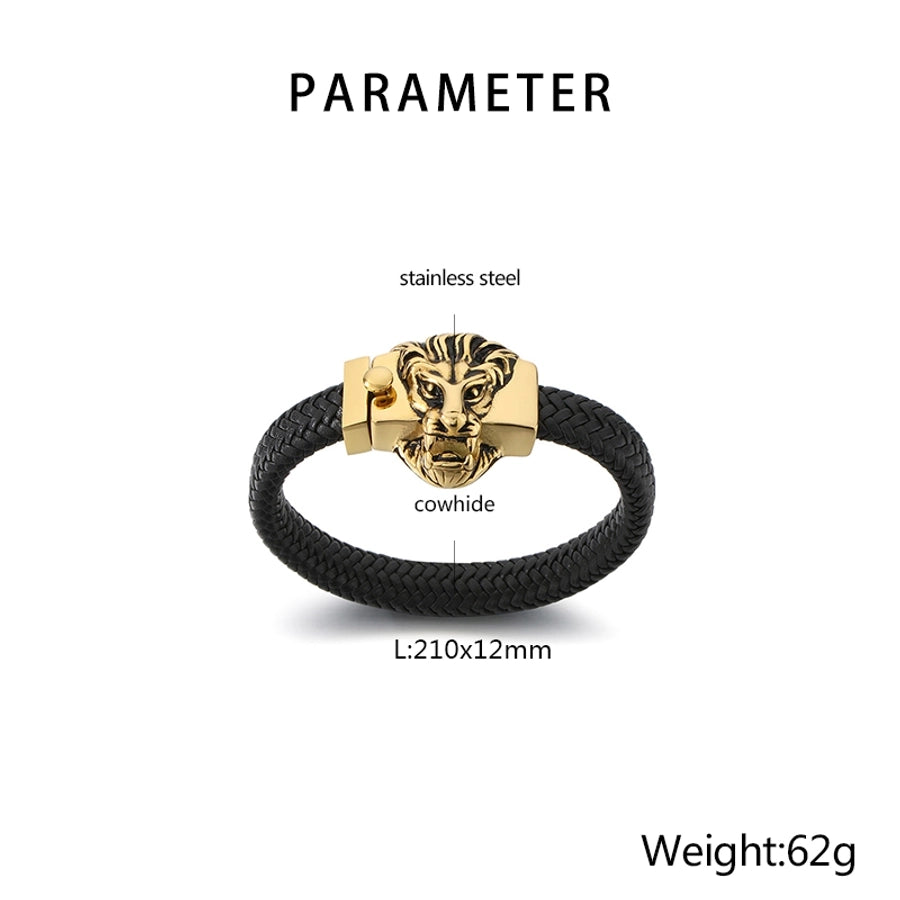 Business Lion's head Wolf Head Skull 304 Stainless Steel Leather 18K Gold Plated Men's Bracelets