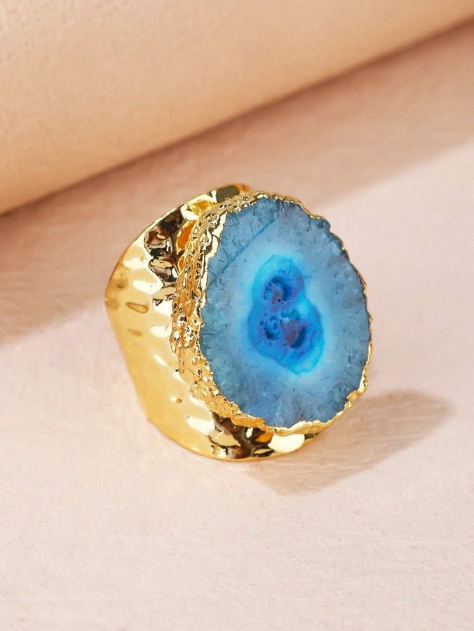 Natural Crystal Copper 14K Gold Plated Inlay Asymmetrical Irregular Crystal Open Rings