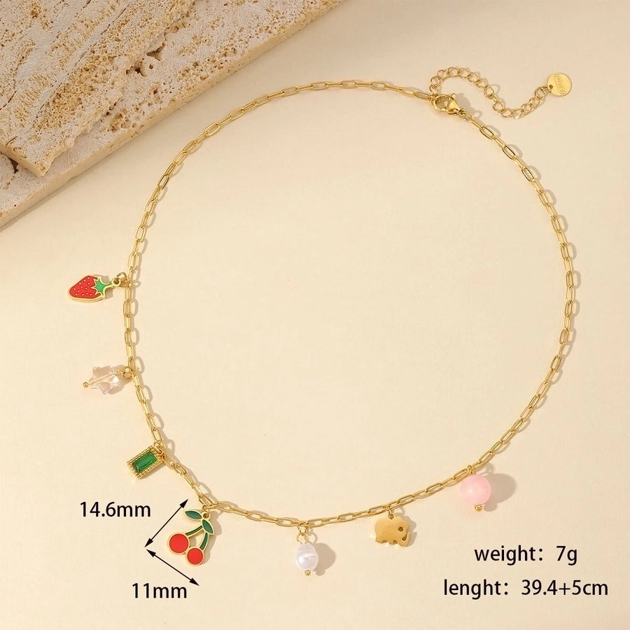 Jewelry French Style Cherry Strawberry 304 Stainless Steel Imitation Pearl Imitating stone 18K Gold Plated Enamel Plating Inlay Multi Charms Necklace