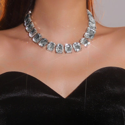 Copper Tennis Chain Inlay Rectangle Rhinestones Pendant Necklace